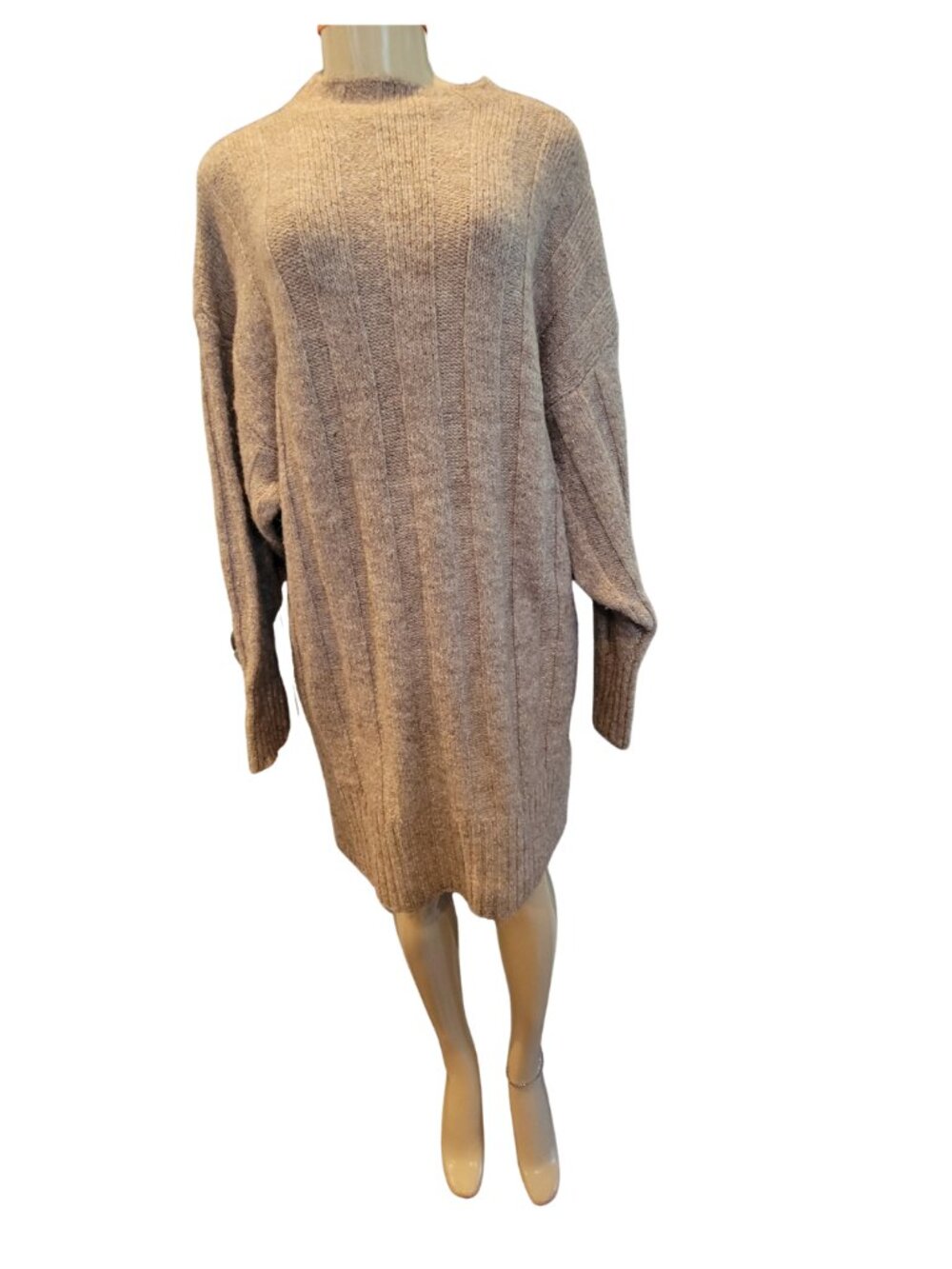 Topshop knitted oversized funnel neck wide rib mini dress in mushroom - Picture 2 of 13